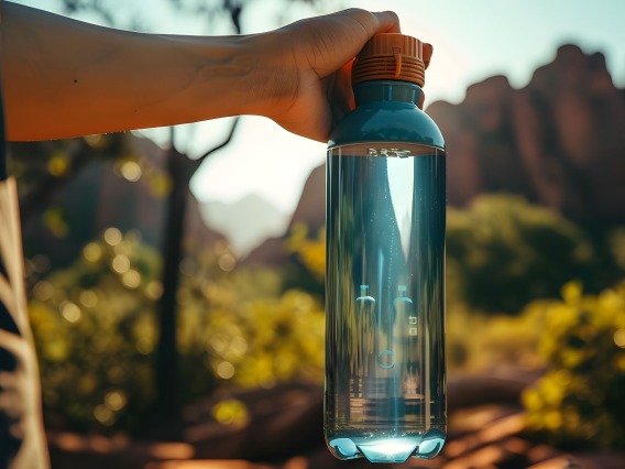 Person holding water bottle in desert environment
